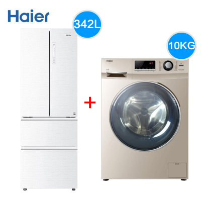 海尔（Haier）BCD-342WDGY 法式无霜变频多门冰箱+海尔G100629HBX14G全自动滚筒洗烘一体下排水